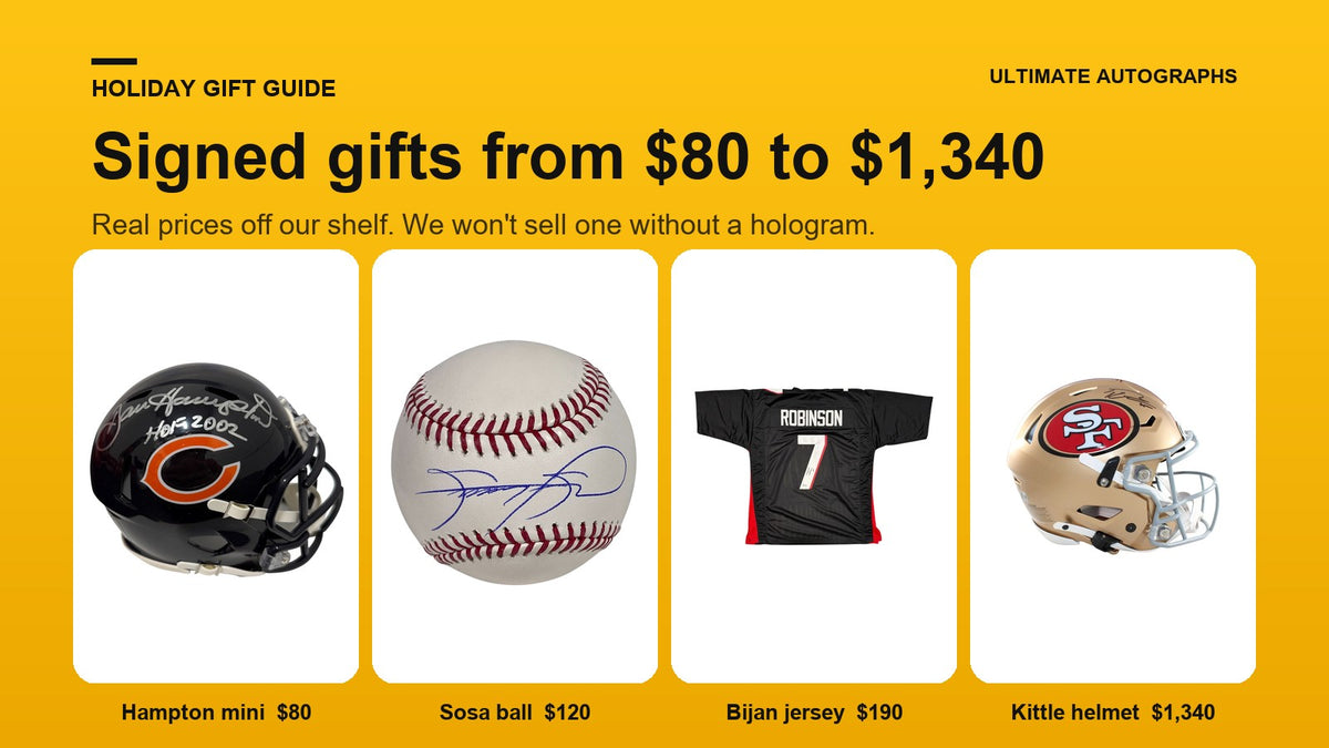 Signed gifts for sports fans from $80 to $1,340: a Dan Hampton Bears mini helmet, a Sammy Sosa baseball, a Bijan Robinson Falcons jersey and a George Kittle 49ers SpeedFlex helmet