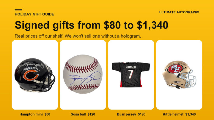 Signed gifts for sports fans from $80 to $1,340: a Dan Hampton Bears mini helmet, a Sammy Sosa baseball, a Bijan Robinson Falcons jersey and a George Kittle 49ers SpeedFlex helmet