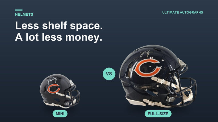 Jim McMahon signed Bears mini helmet beside a full-size Jim McMahon signed Bears helmet