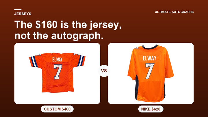 John Elway signed custom orange jersey next to a John Elway signed Nike orange jersey