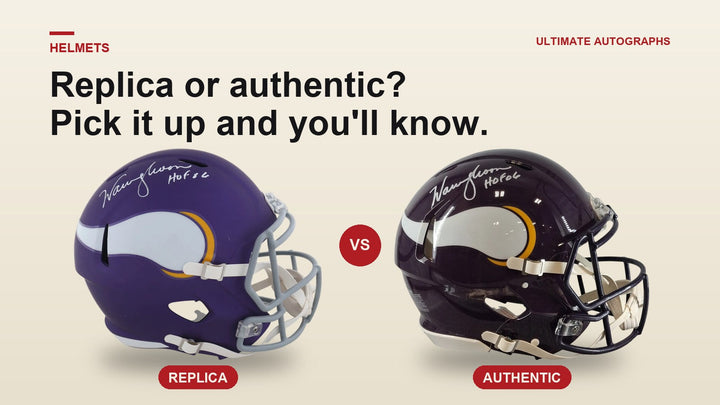 Warren Moon signed Vikings replica helmet next to a Warren Moon signed Vikings Speed authentic helmet