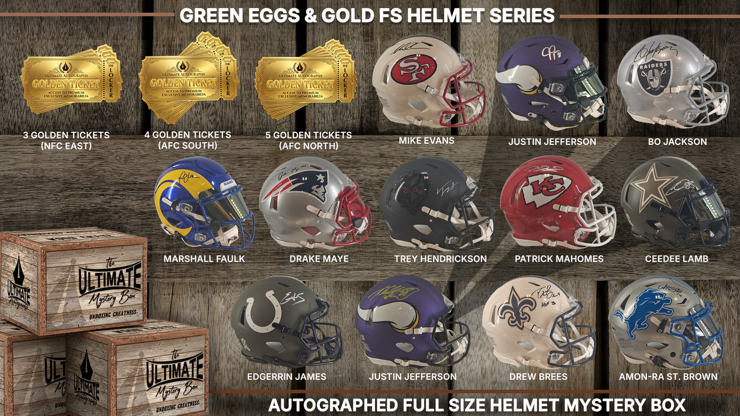 Green Eggs and Gold Autographed Full-Size Authentic and Replica Helmet Live Break Series