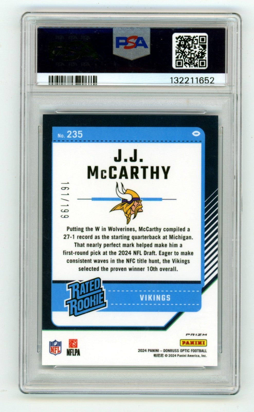 J.J. McCarthy 2024 Donruss Optic Blue Prizm Signed Rated Rookie Card /199 PSA