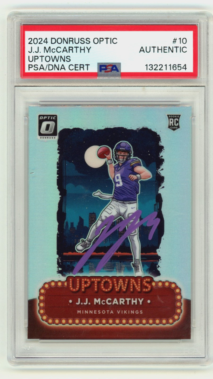 J.J. McCarthy 2024 Donruss Optic Uptowns Signed Prizm Rookie Card PSA