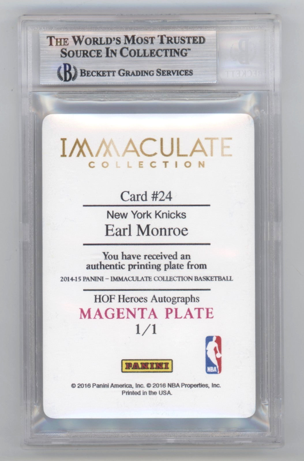 Earl Monroe Signed 2013-14 Immaculate 1/1 Printing Plate Card "The Pearl"