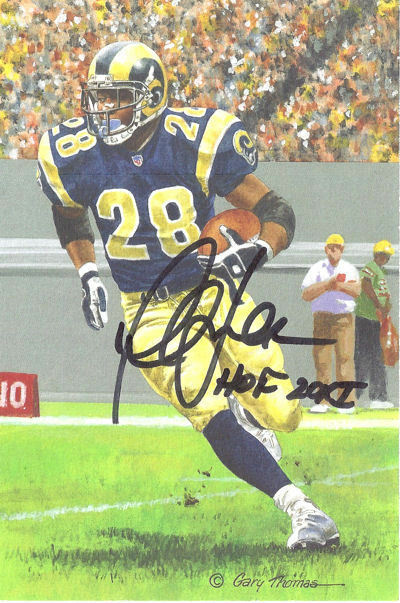Marshall Faulk Autographed St. Louis Rams Goal Line Art Card HOF 20XI