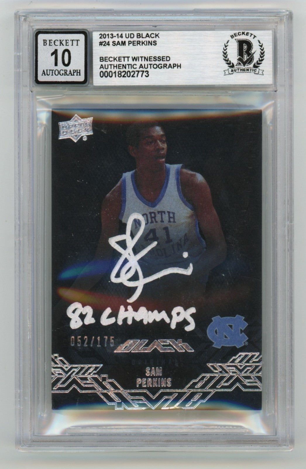 Sam Perkins Signed 2013-14 UD Black Card '82 Champs' Inscription BGS 10 Auto