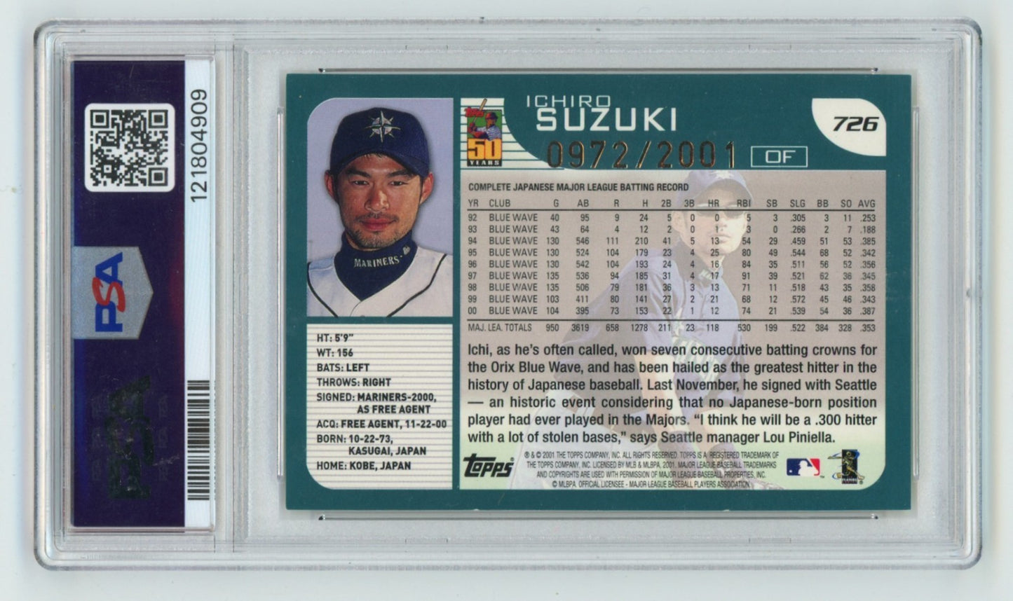 Ichiro Suzuki Autographed 2001 Topps Gold Rookie Card #/2001 PSA DNA