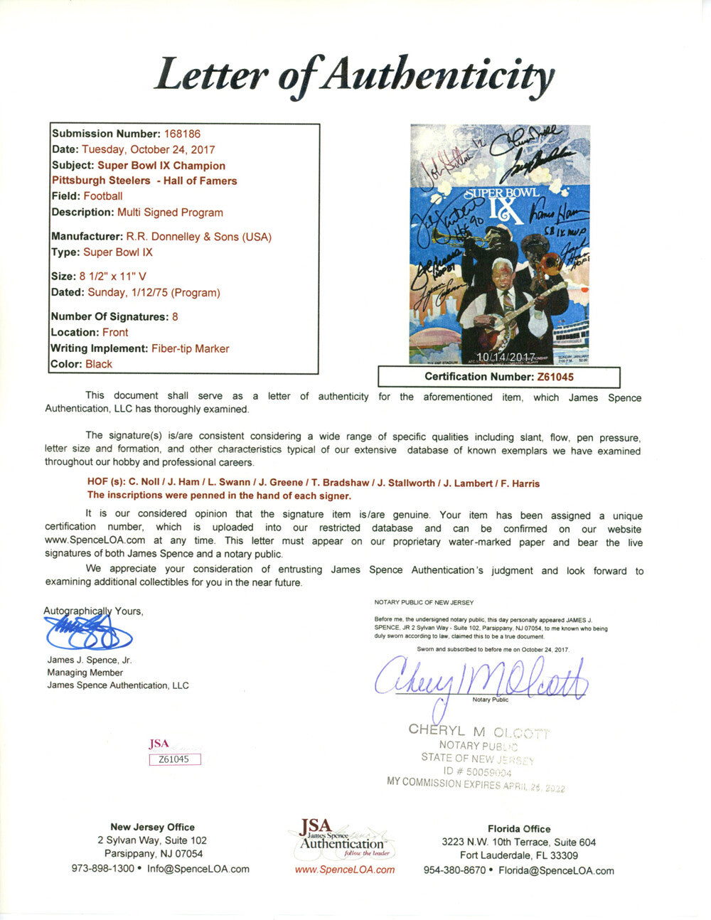 Terry Bradshaw & Steelers Legends Signed Super Bowl IX Program (8 Sigs) JSA