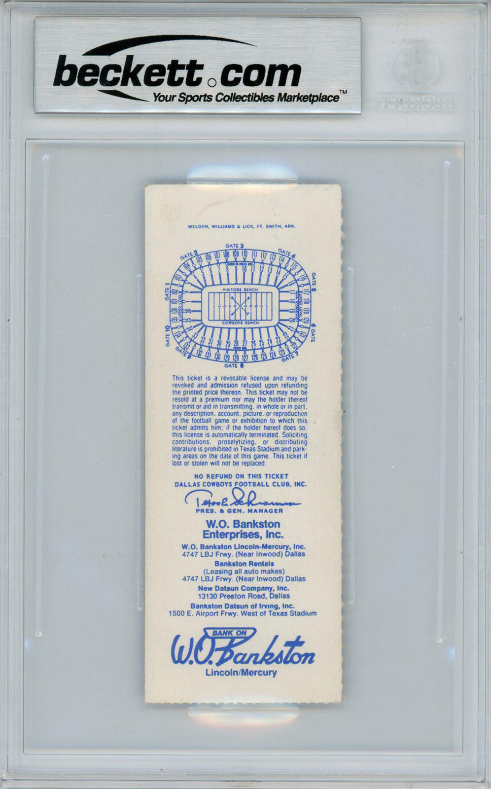Tony Dorsett Autographed 12/11/1983 vs Redskins Game Ticket Beckett Slab