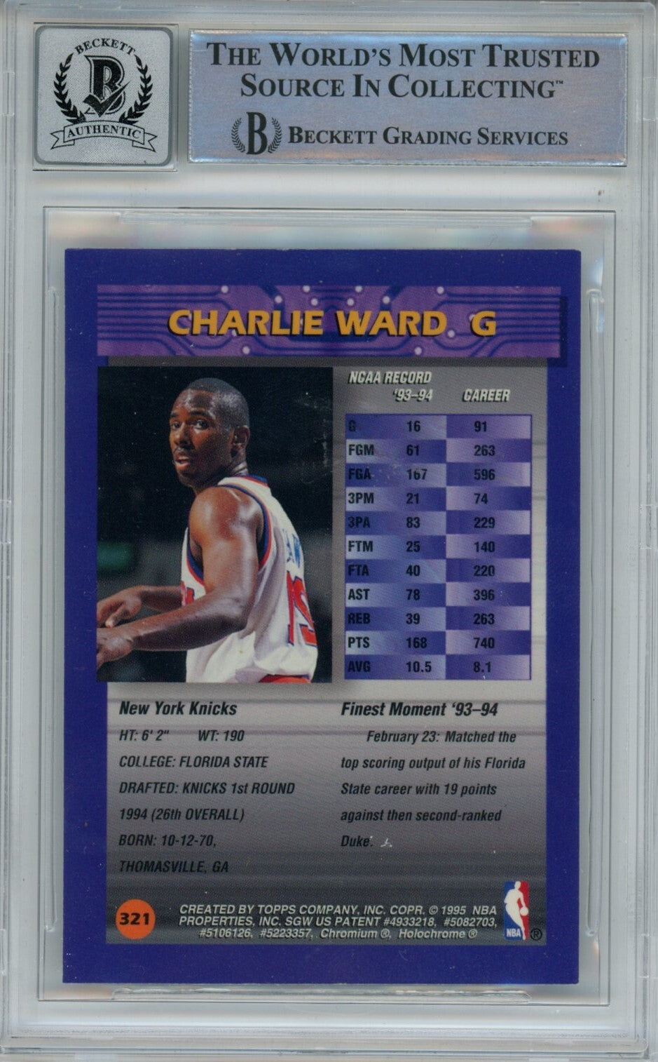 Charlie Ward Signed New York Knicks 1995 Topps #321 Card - Beckett Auto 10