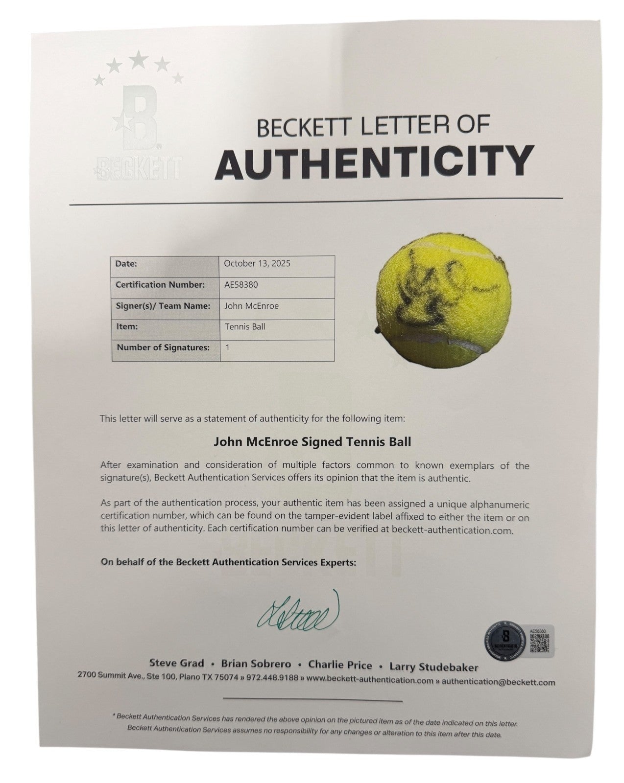 John McEnroe Autographed Penn Tennis Ball (Beckett BAS COA)