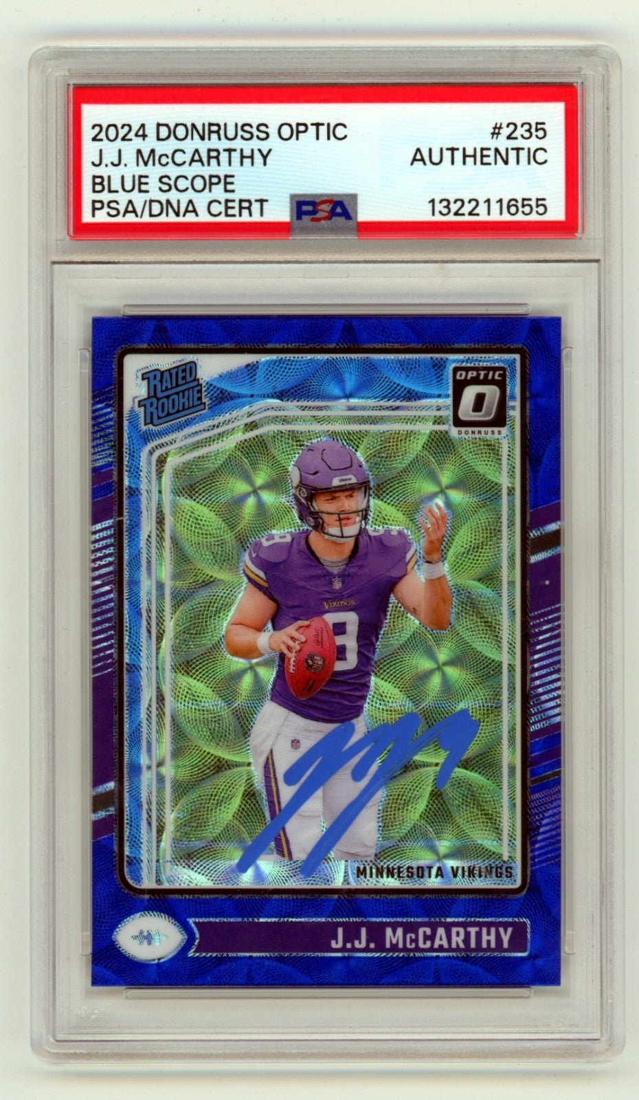 J.J. McCarthy 2024 Donruss Optic Blue Scope Signed Rookie Card PSA