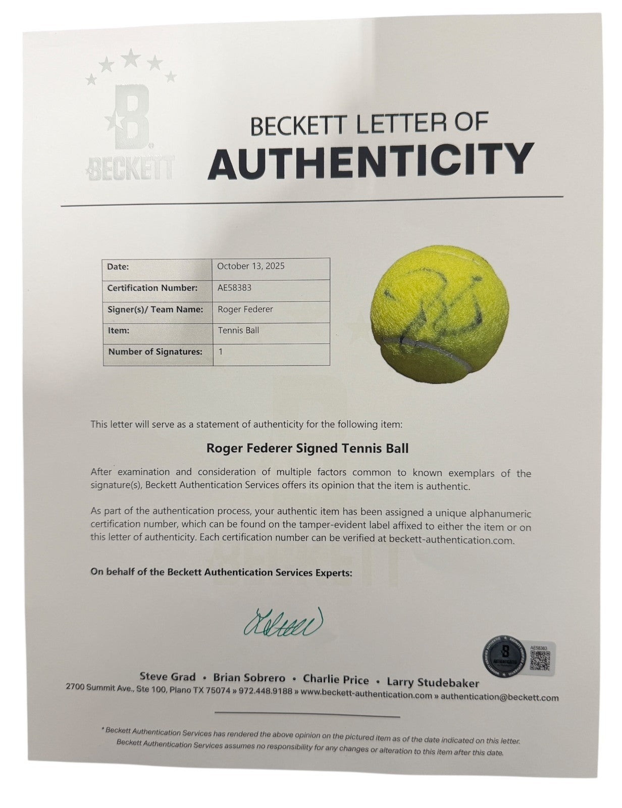 Roger Federer Signed Wilson US Open Tennis Ball (Beckett BAS COA)