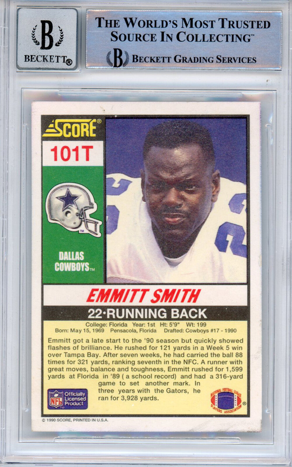 Emmitt Smith Signed 1990 Score Supplemental #101 Trading Card BAS Grade 10