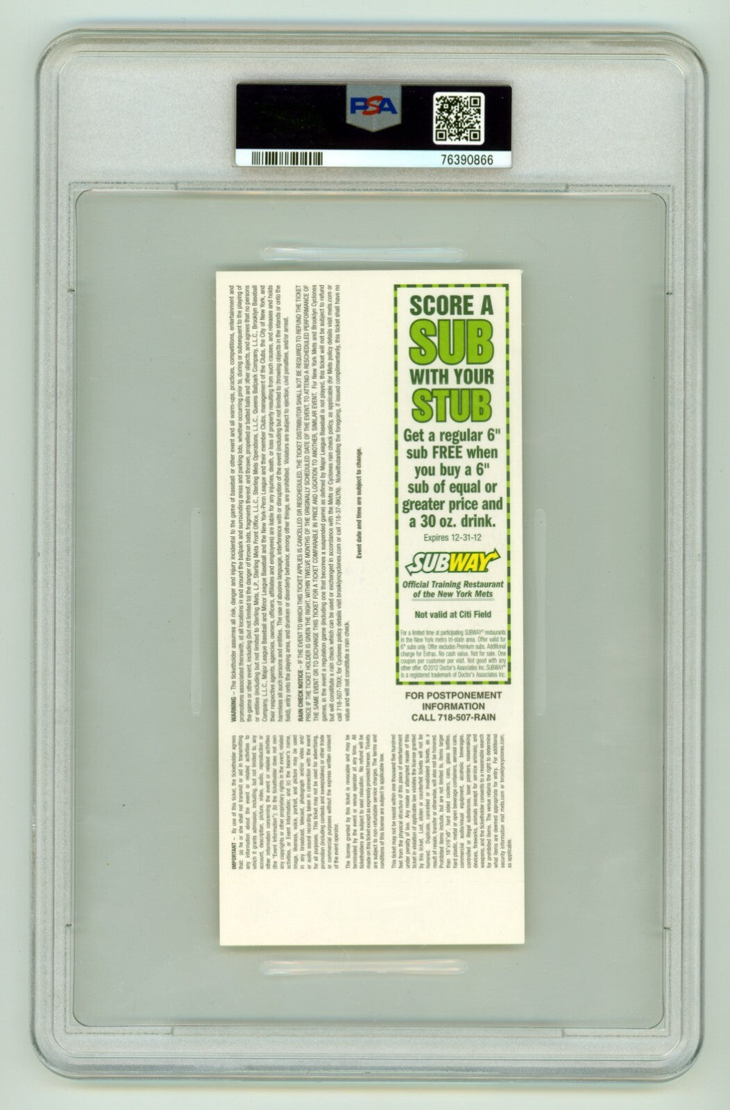 Johan Santana & Josh Thole Dual Signed Mets 1st No-Hitter Ticket PSA 10