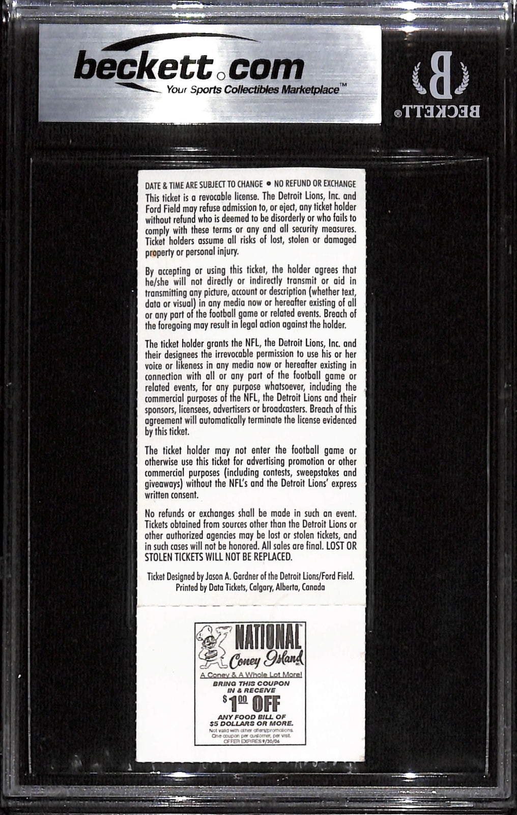 Ray Lewis Signed Baltimore Ravens Slabbed Ticket Stub Beckett Grade 7