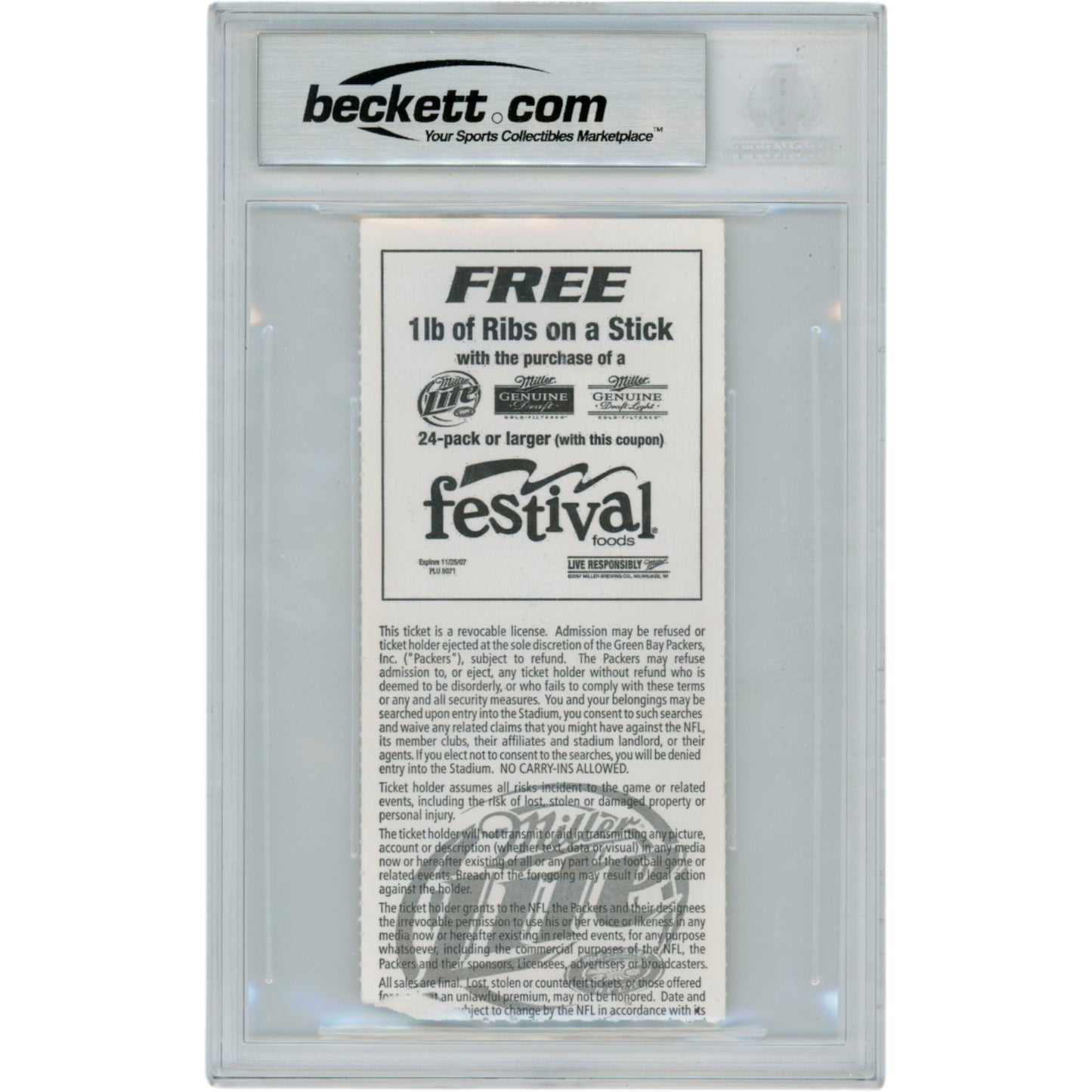 Adrian Peterson Autographed 11/11/07 ROY Inscribed Slabbed Ticket Stub