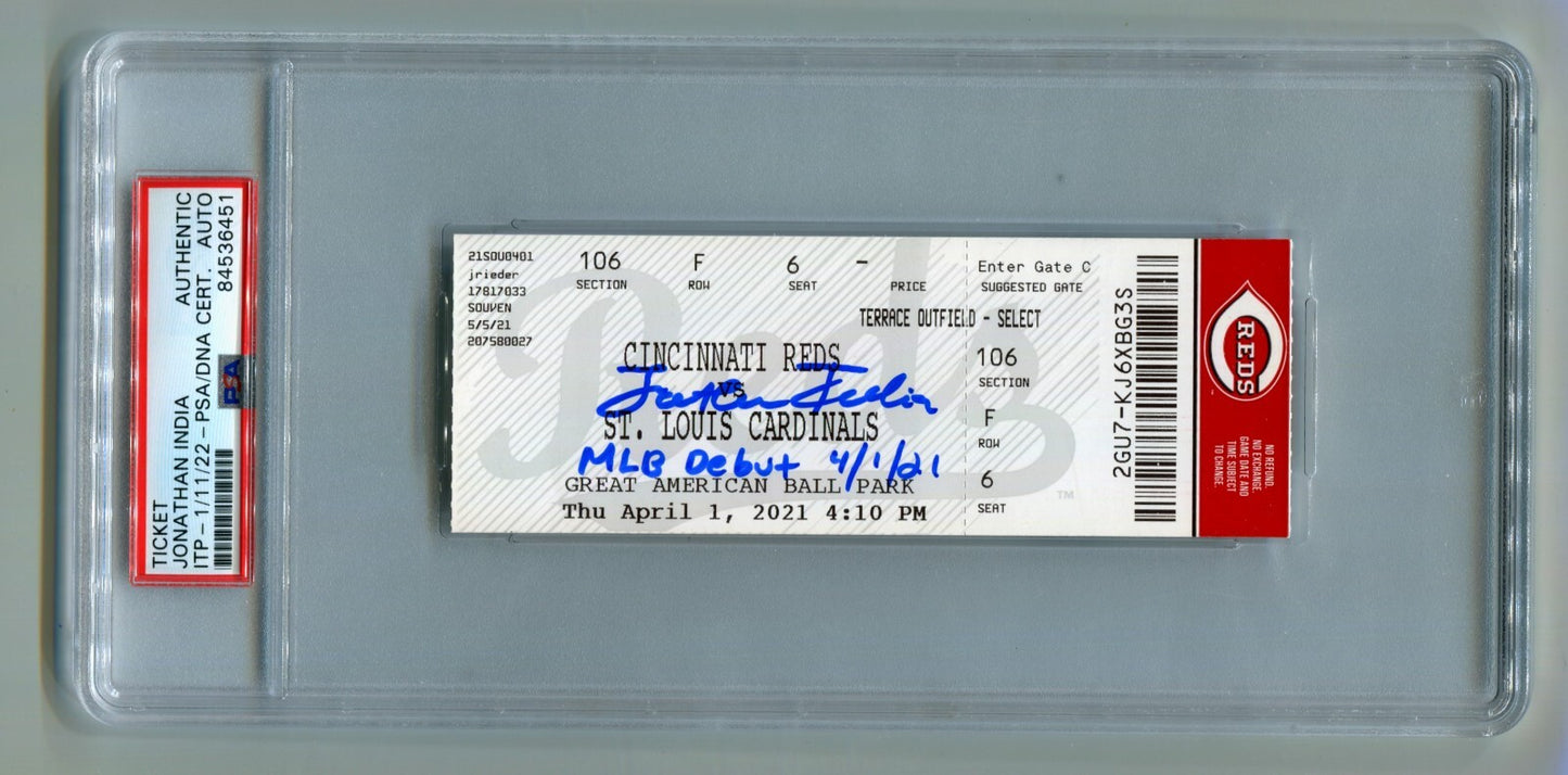 Jonathan India Signed MLB Debut Ticket w/ Inscription PSA Authentic Auto