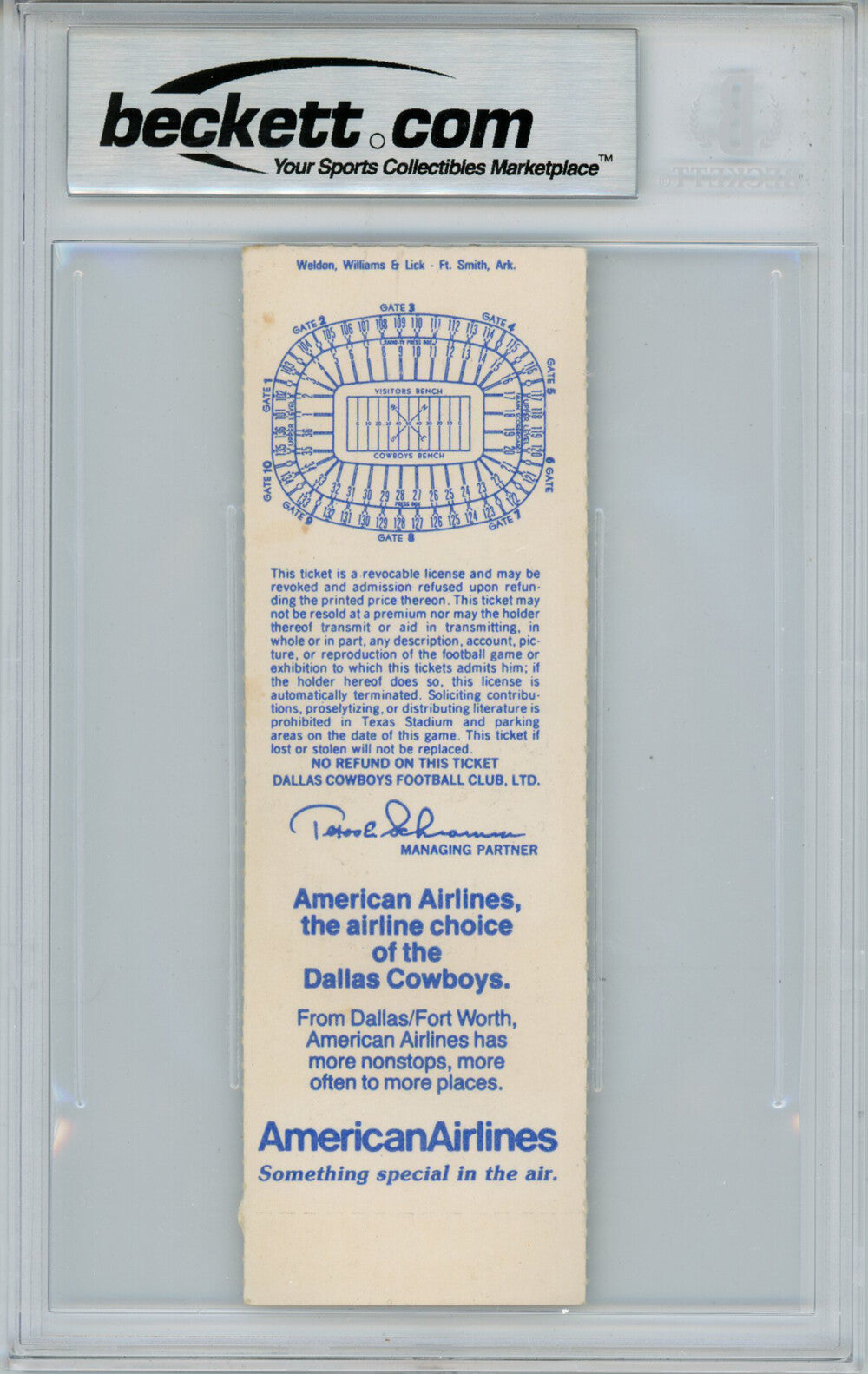 Tony Dorsett Signed 11/27/1986 vs Seahawks Full Ticket Beckett Slabbed