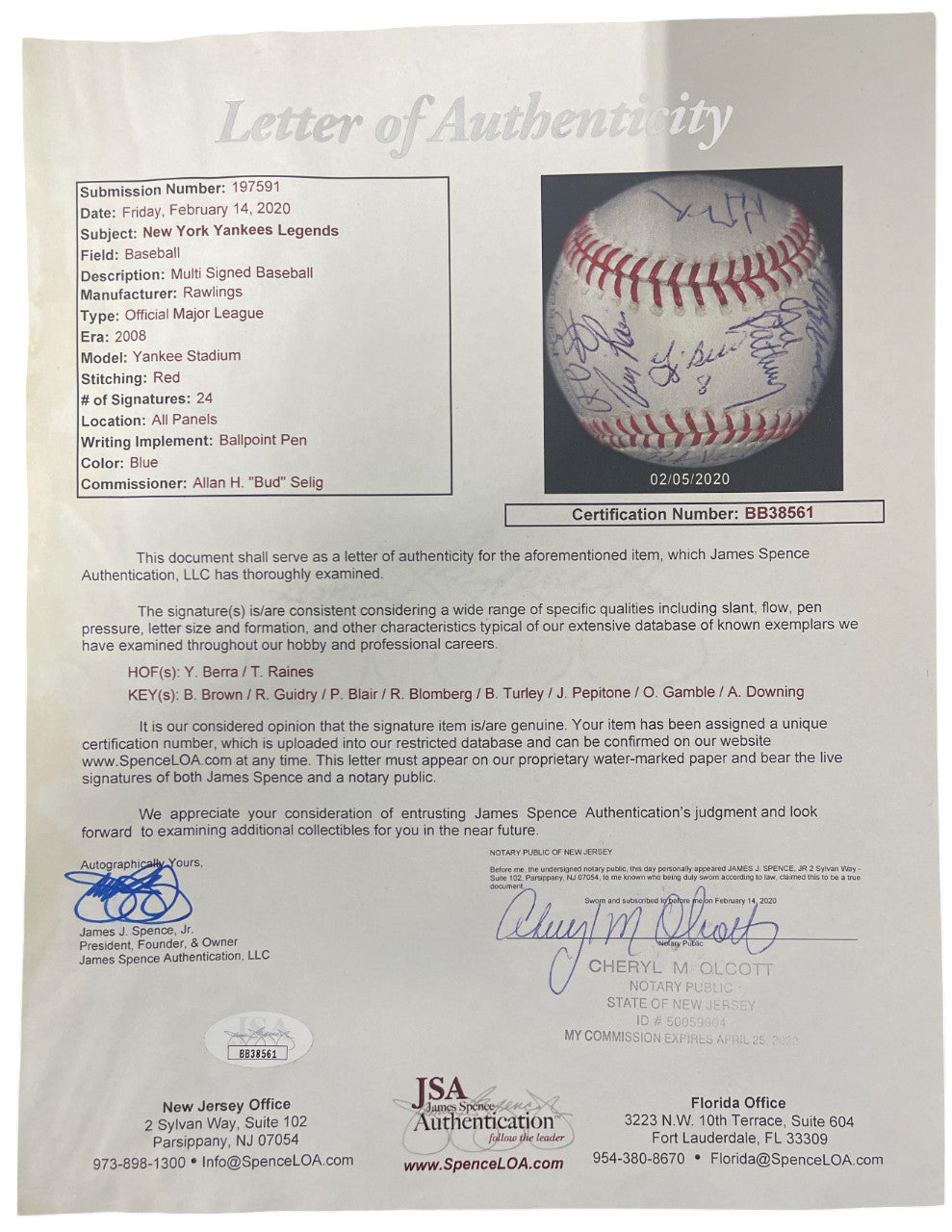 2008 New York Yankees Old Timers Day Multi-Signed (24) Baseball JSA COA