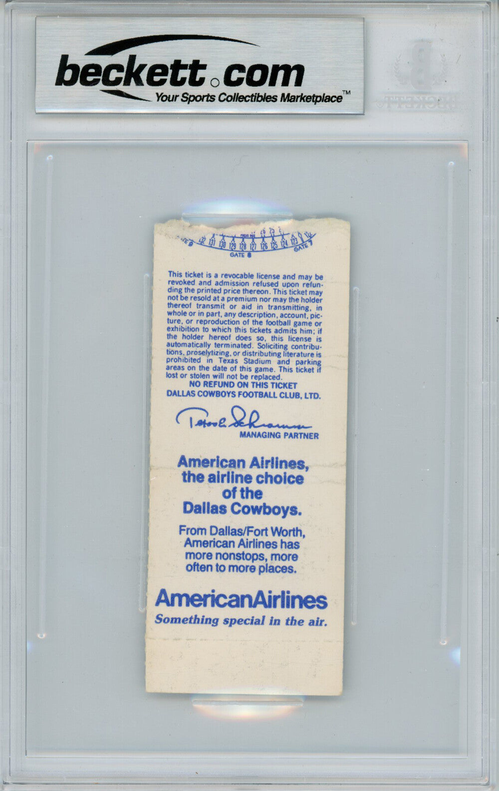 Tony Dorsett Autographed 11/9/1986 Dallas Cowboys Ticket Beckett Slabbed