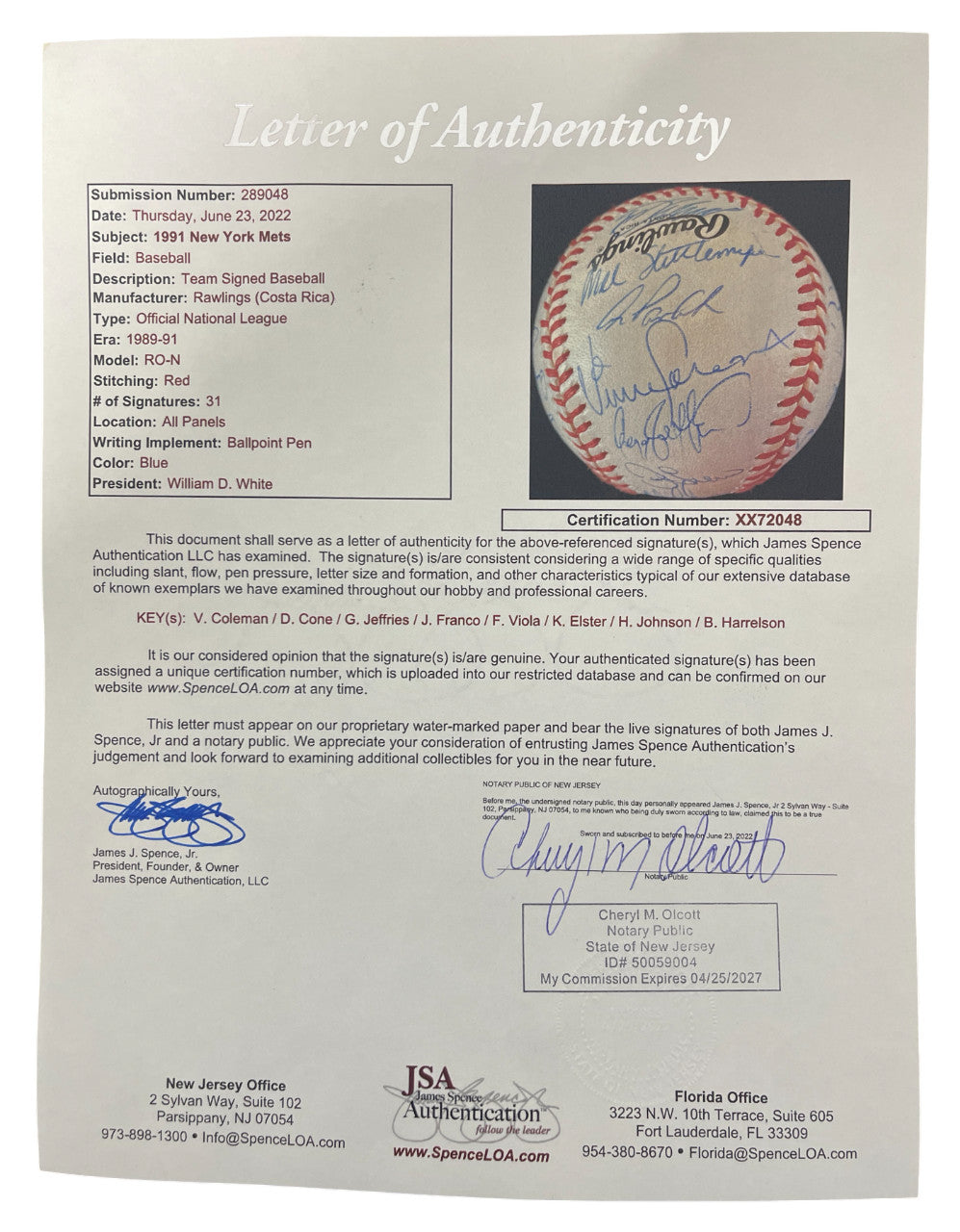 1991 New York Mets Team Signed Autographed Baseball (JSA LOA)