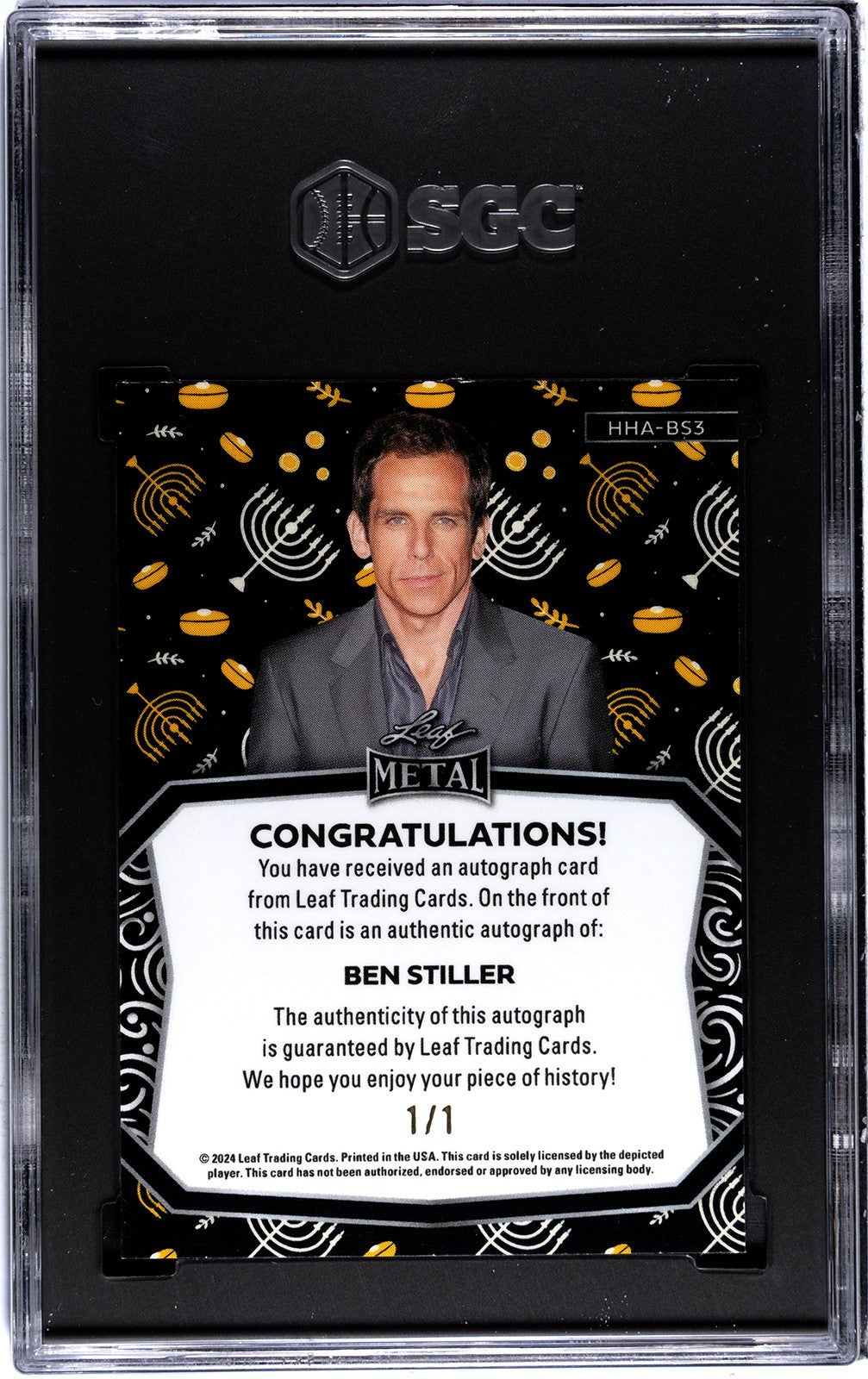 Ben Stiller Signed 2024 Leaf Metal Hanukkah Menorah Card 1/1 SGC 9.5