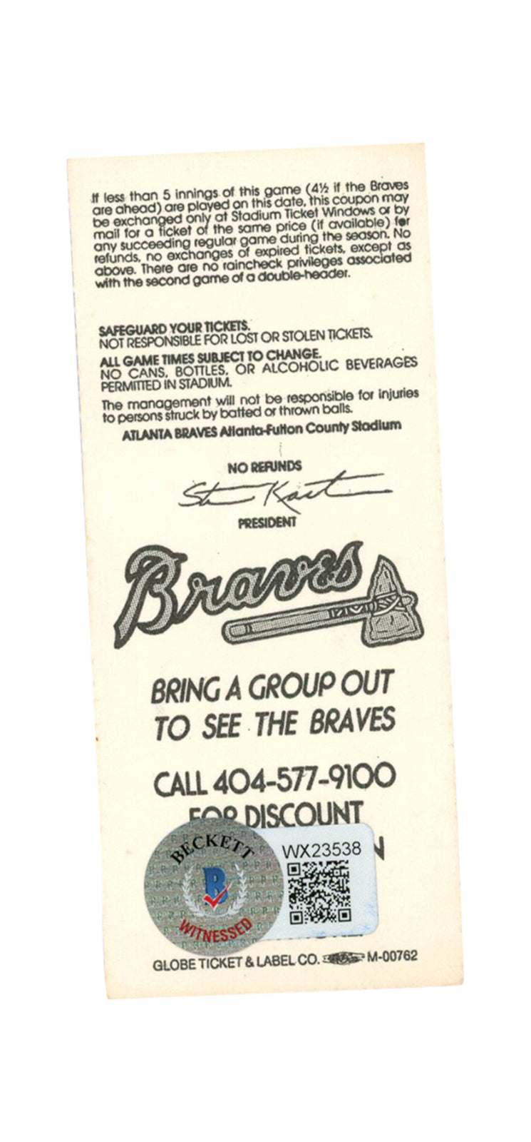 Deion Sanders Signed Atlanta Braves 1992 Game Ticket Beckett BAS