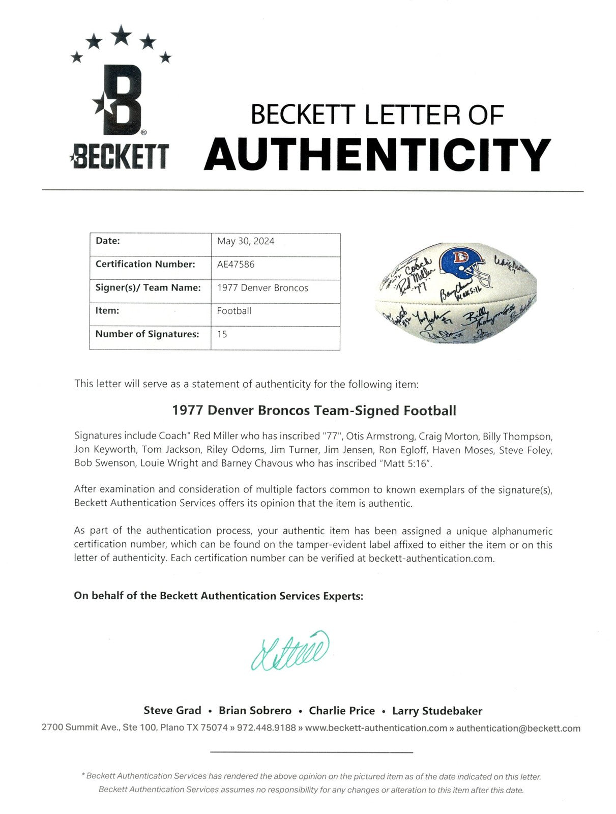 Red Miller & Tom Jackson Signed Denver Broncos 1977 Team Football