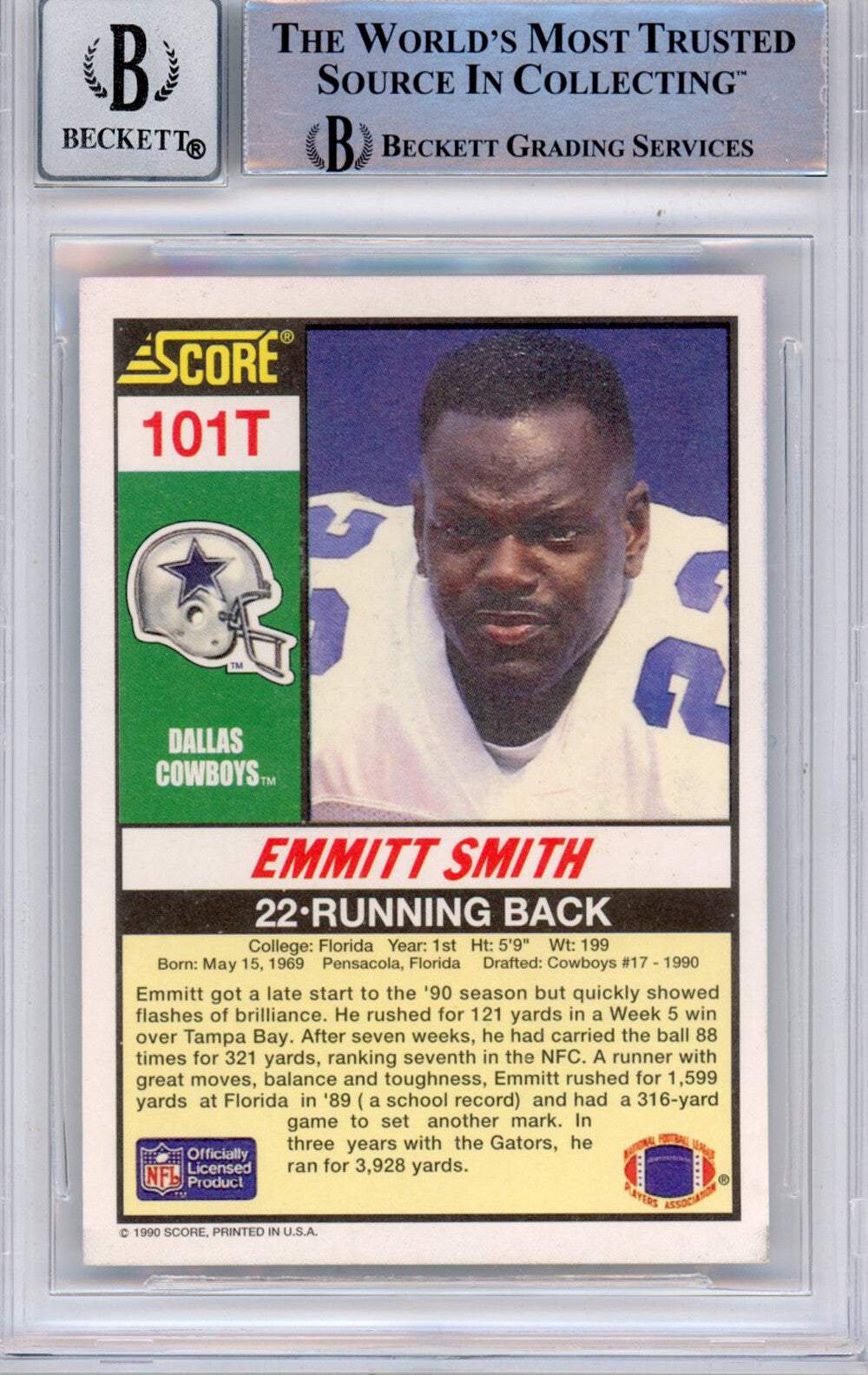 Emmitt Smith Signed 1990 Score Supplemental Card #101 BAS Grade 10 Slab