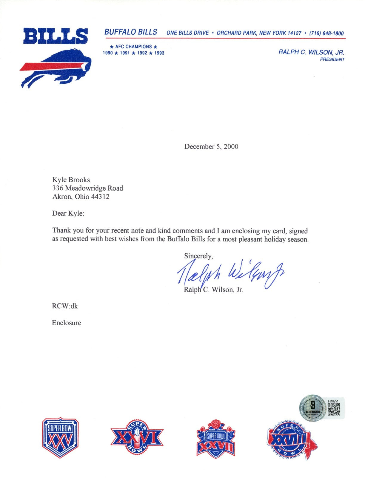 Ralph Wilson Jr Autographed Buffalo Bills Team Letter