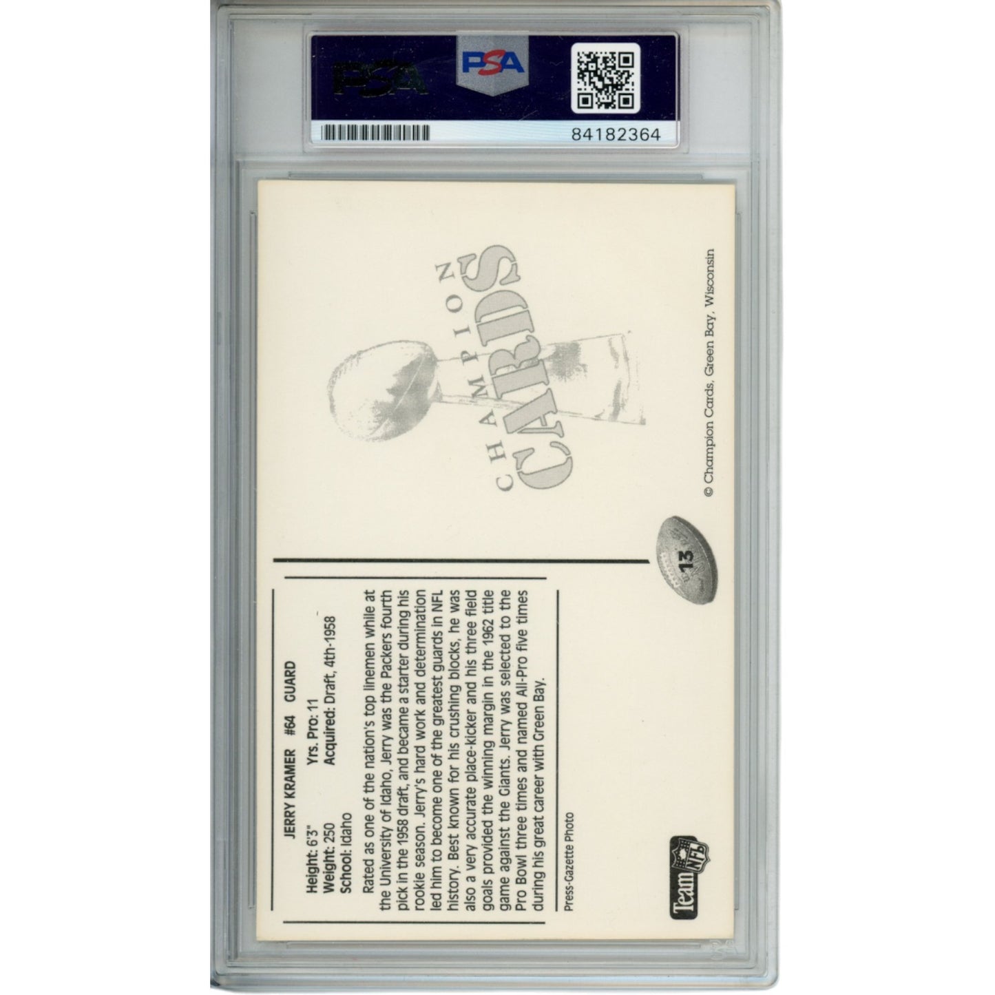 Jerry Kramer Autographed Green Bay Packers Postcard - PSA Slabbed