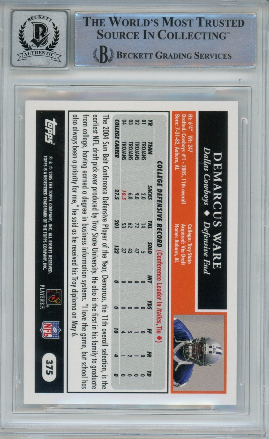 Demarcus Ware Signed Dallas Cowboys 2005 Topps #375 Card Beckett Auto 10