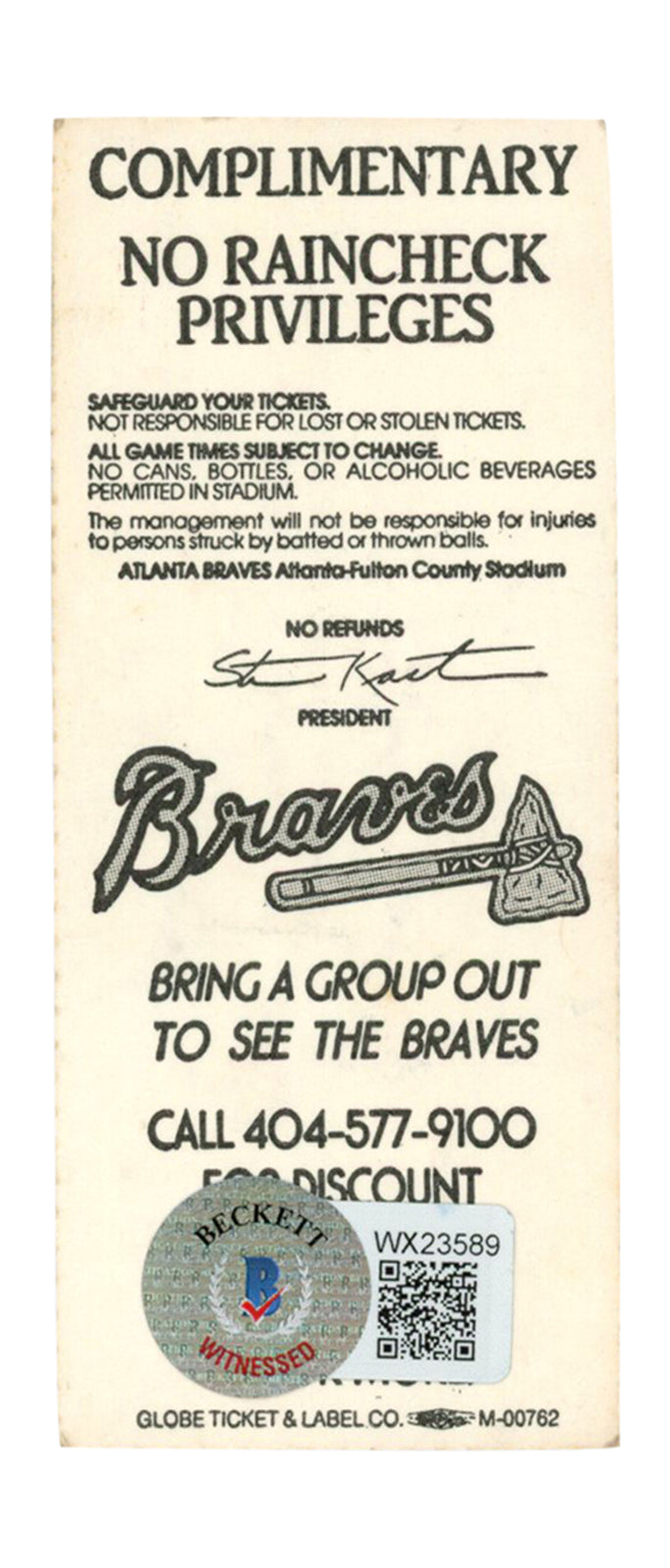 Deion Sanders Signed Atlanta Braves 1991 Ticket Stub BAS