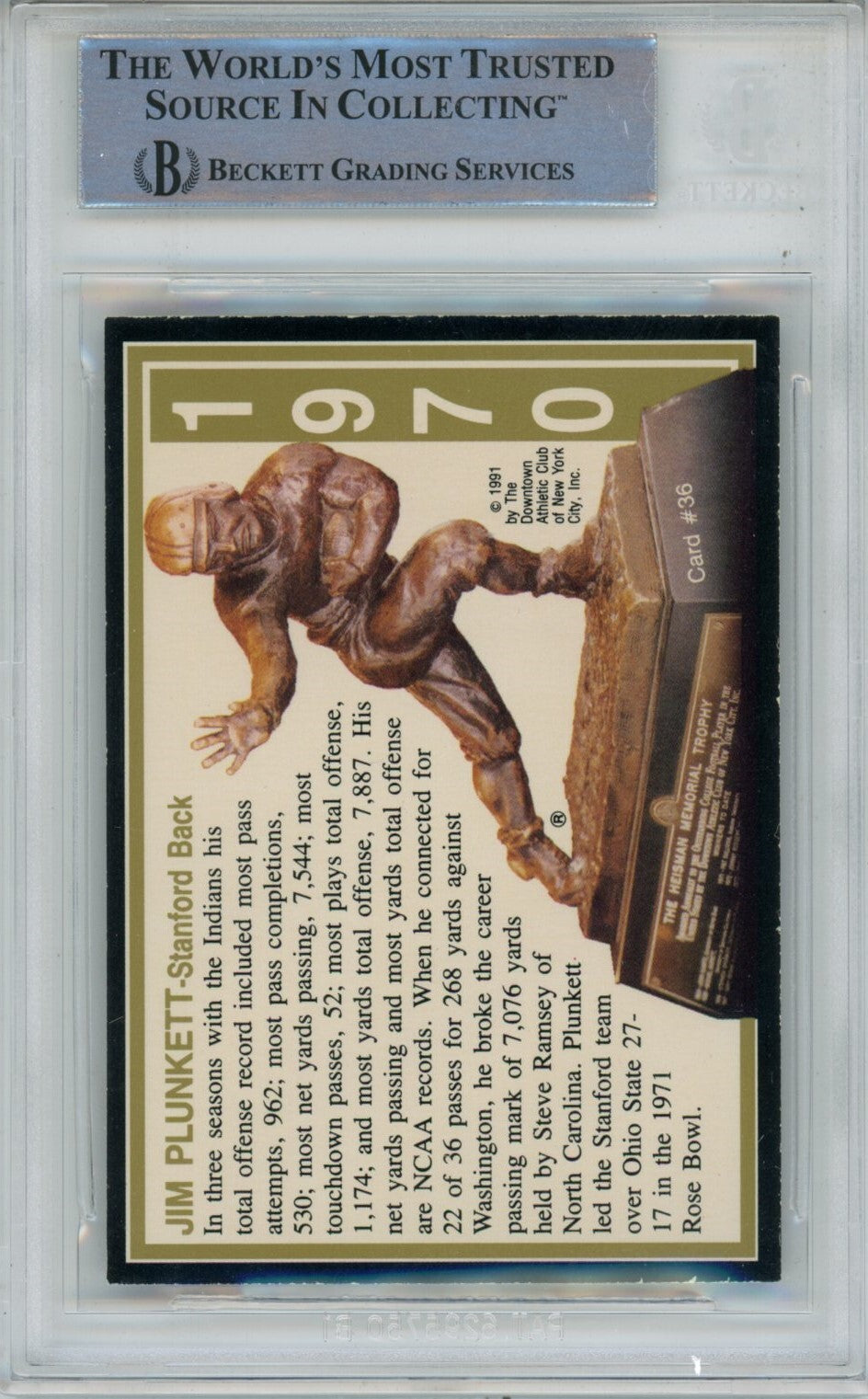 Jim Plunkett Signed Stanford Cardinal 1991 Heisman Card - Beckett Slab