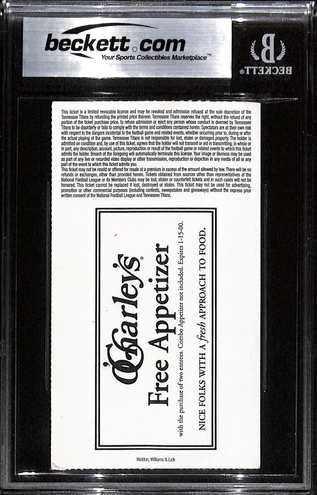 Ray Lewis Signed Baltimore Ravens 10/10/99 Slabbed Ticket Grade 6 Beckett