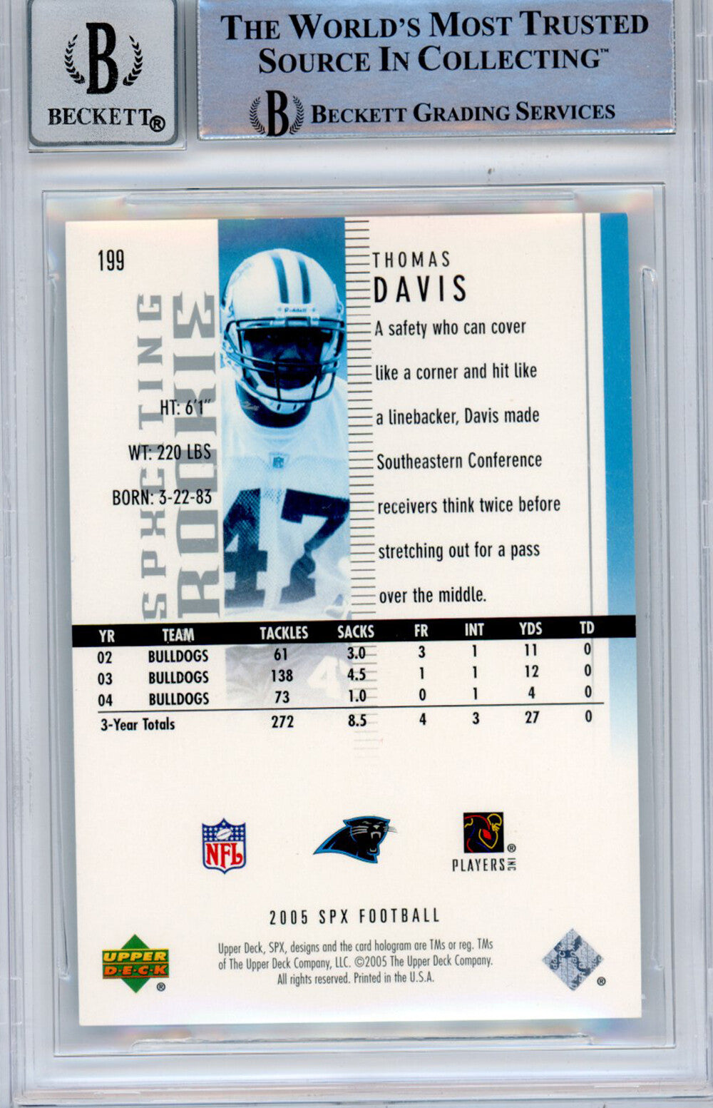 Thomas Davis Signed 2005 SPx Card #199A - BAS Slabbed Grade 10