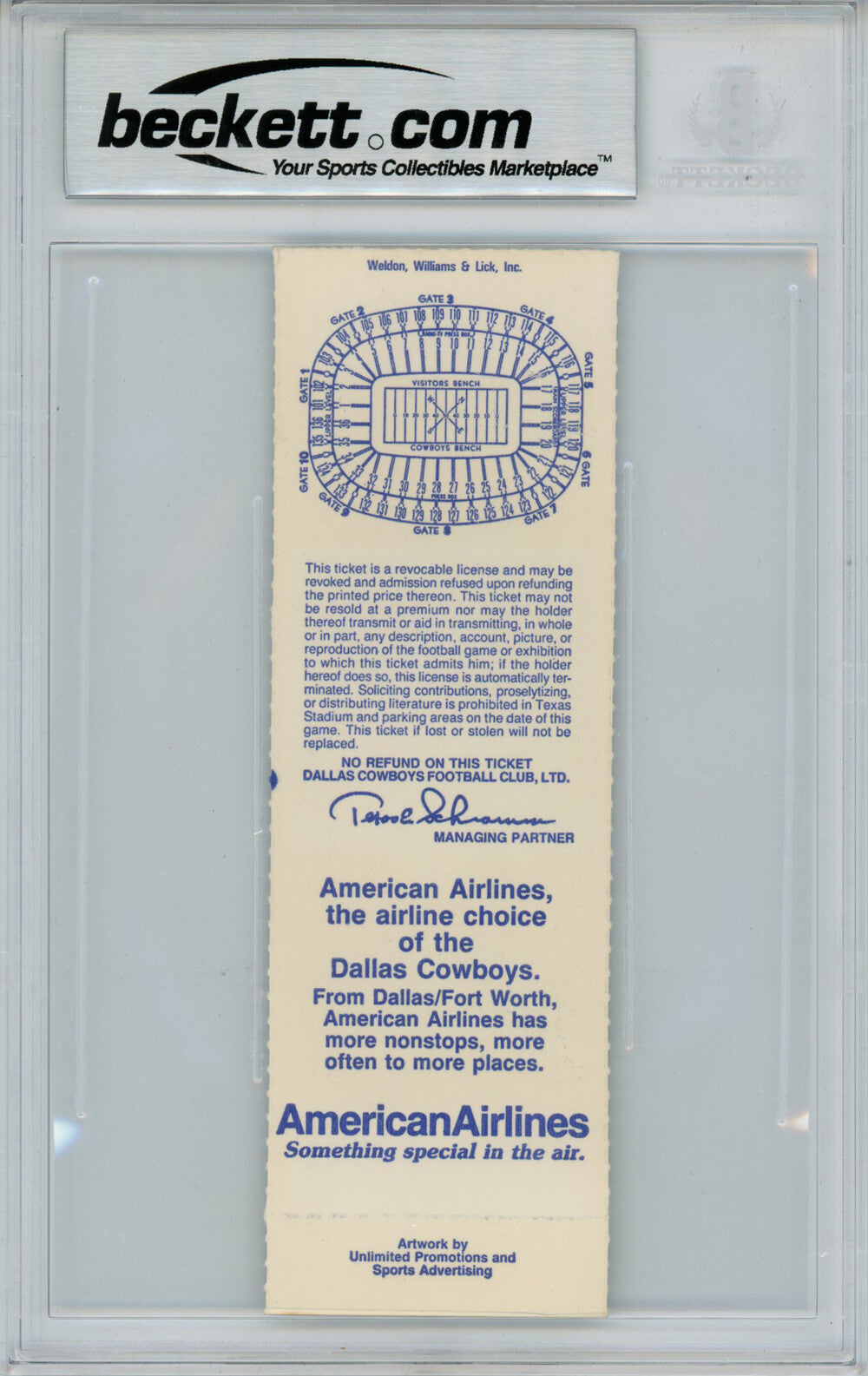 Tony Dorsett Autographed 12/6/1987 vs Falcons Ticket Beckett Slab