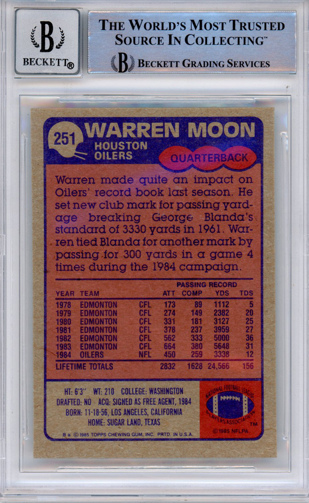 Warren Moon Signed 1985 Topps #251 Card Grade 10 BAS Slabbed