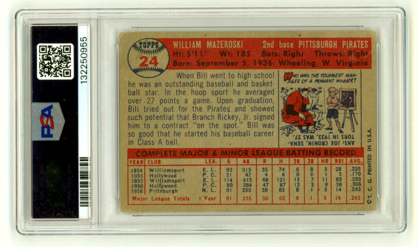 Bill Mazeroski Signed 1957 Topps #24 Rookie Card - 5 Inscriptions PSA 10 Auto