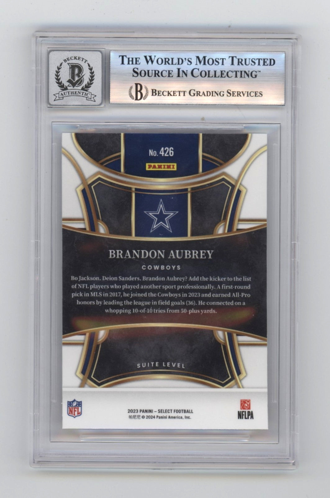 Brandon Aubrey 2023 Panini Select Suite Level RC Signed BGS 10 Auto Card
