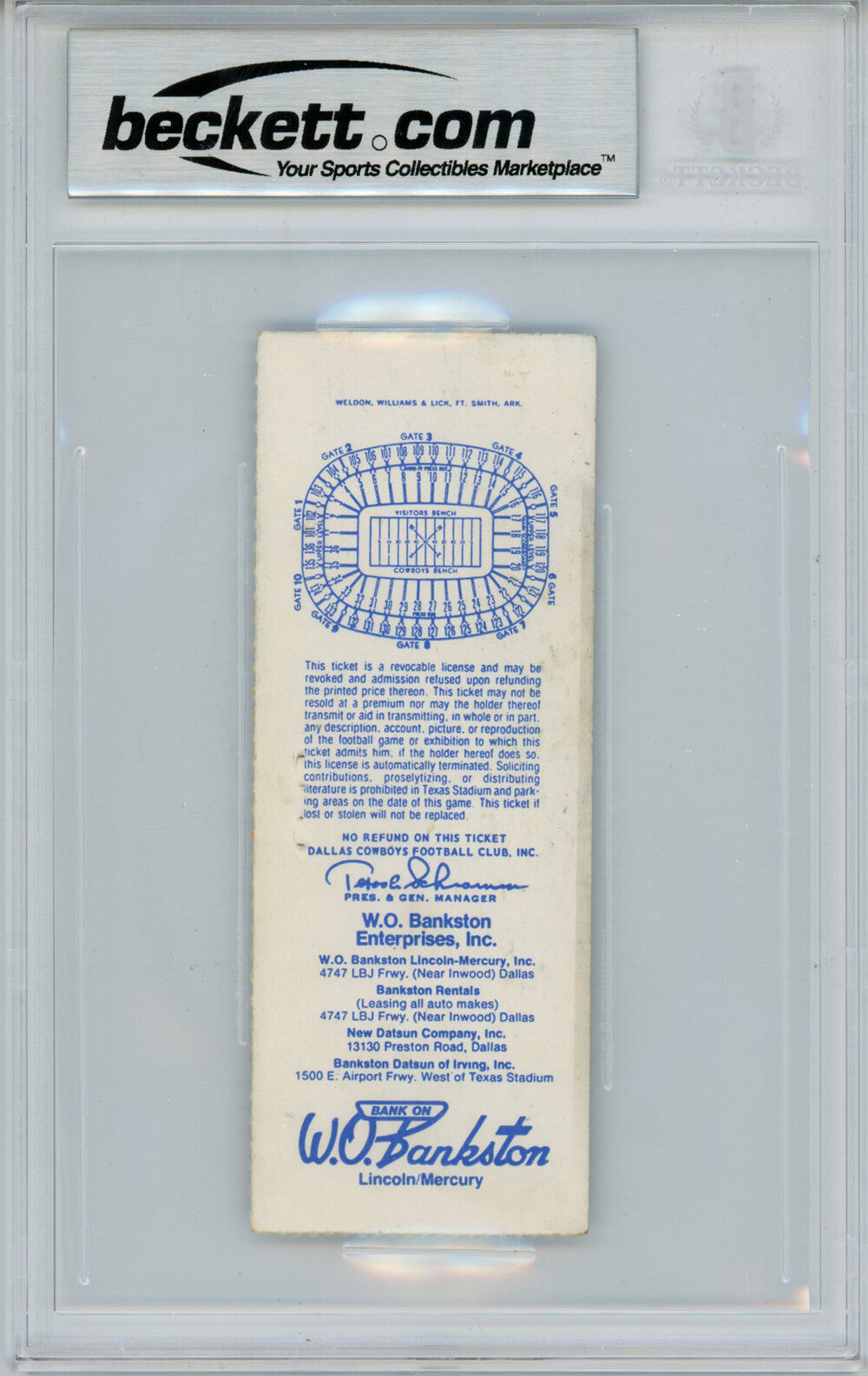 Tony Dorsett Autographed 1983 Dallas Cowboys vs Eagles Ticket Beckett Slab