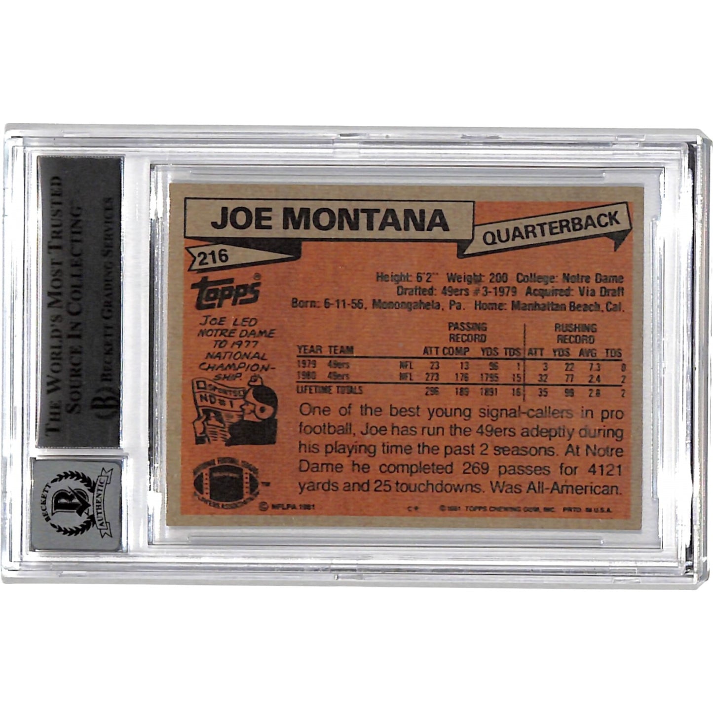 Joe Montana Signed 1981 Topps #216 Rookie Card Beckett 10 Auto