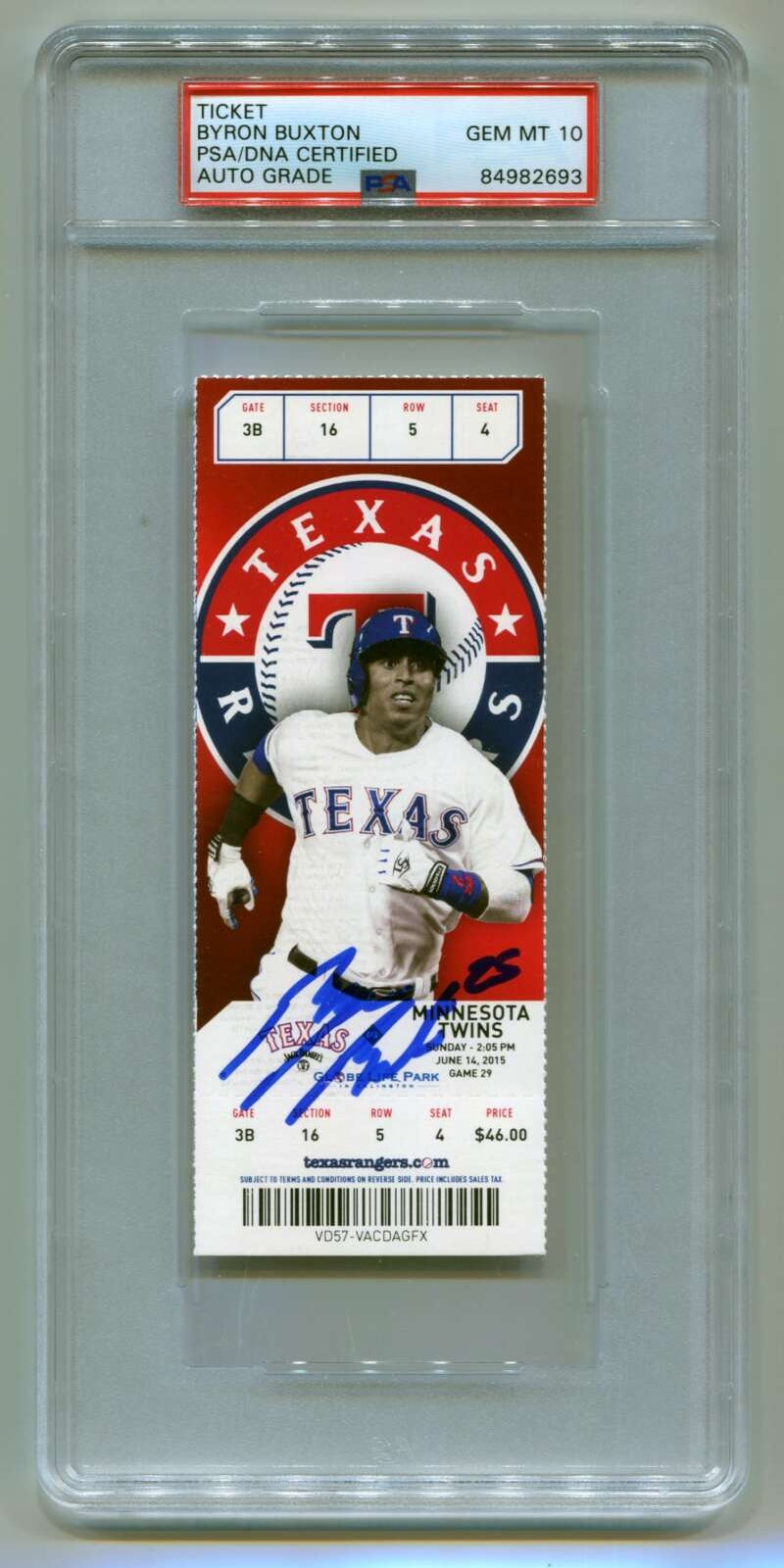 Byron Buxton Signed Minnesota Twins MLB Debut Game Ticket PSA 10 Auto