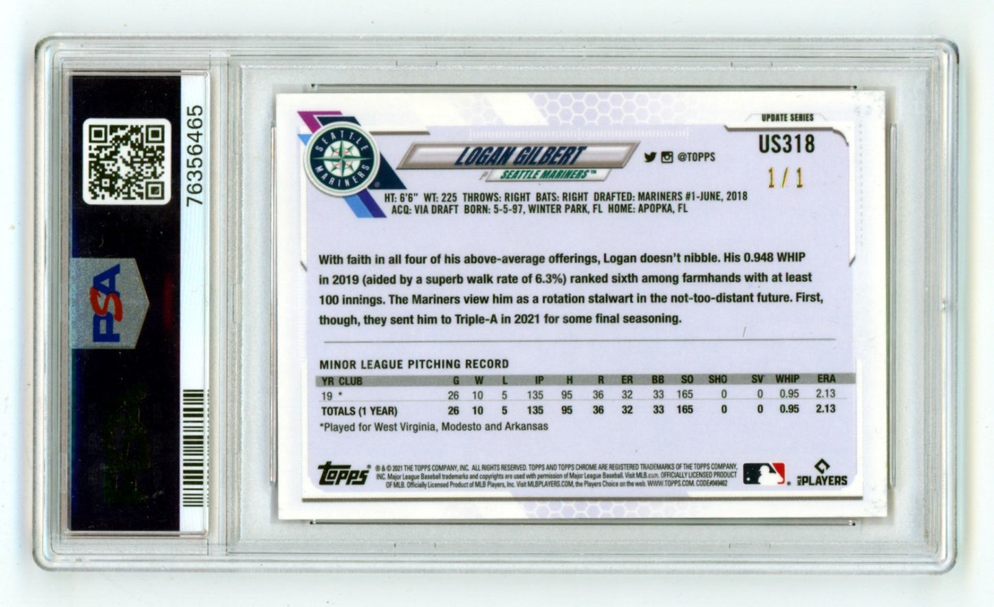 Logan Gilbert Signed 2021 Topps Chrome Sapphire Padparadscha RC 1/1 PSA 10