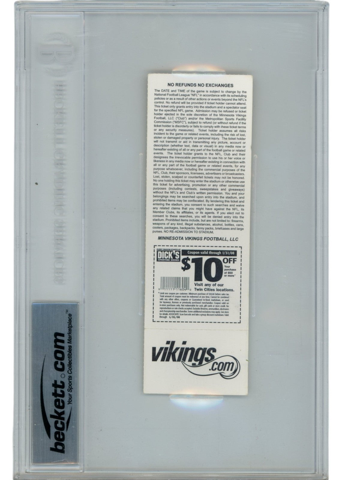 Adrian Peterson Autographed Minnesota Vikings 2007 ROY Inscribed Slabbed Ticket