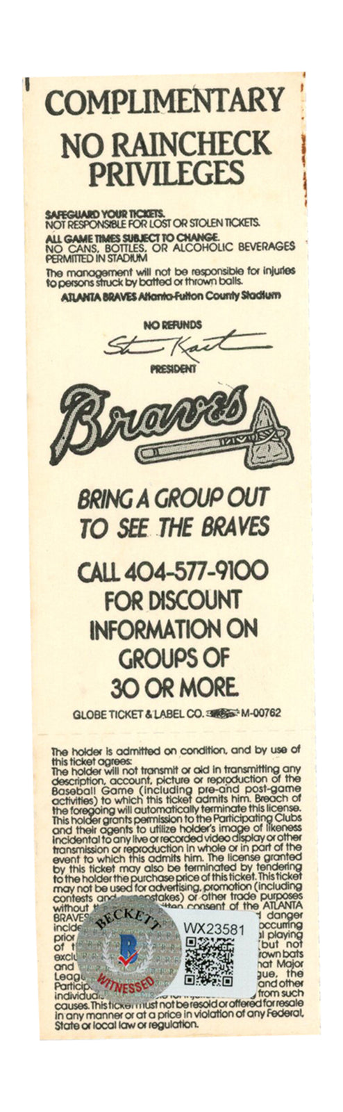 Deion Sanders Signed Atlanta Braves 1991 Full Ticket Beckett BAS