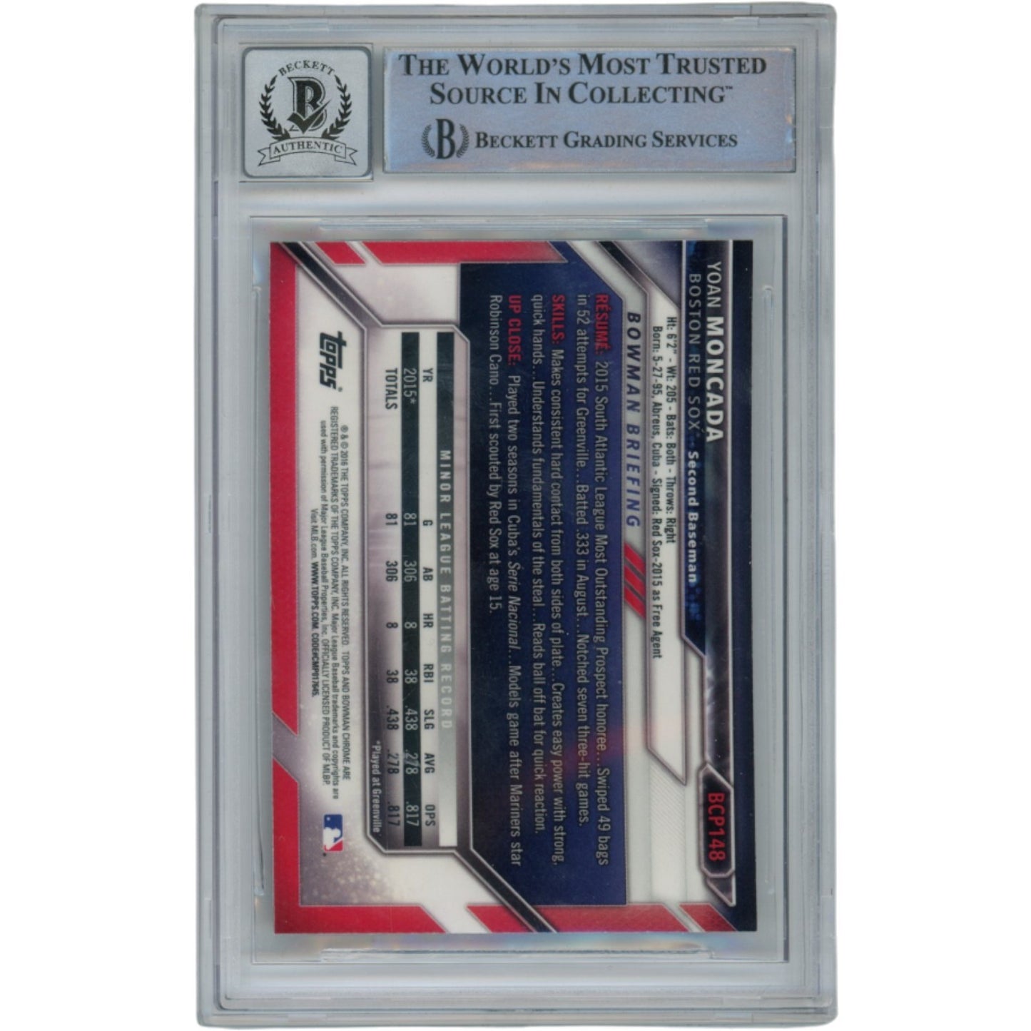 Yoan Moncada Autographed 2016 Bowman Chrome Prospects Card (MLB Debut)
