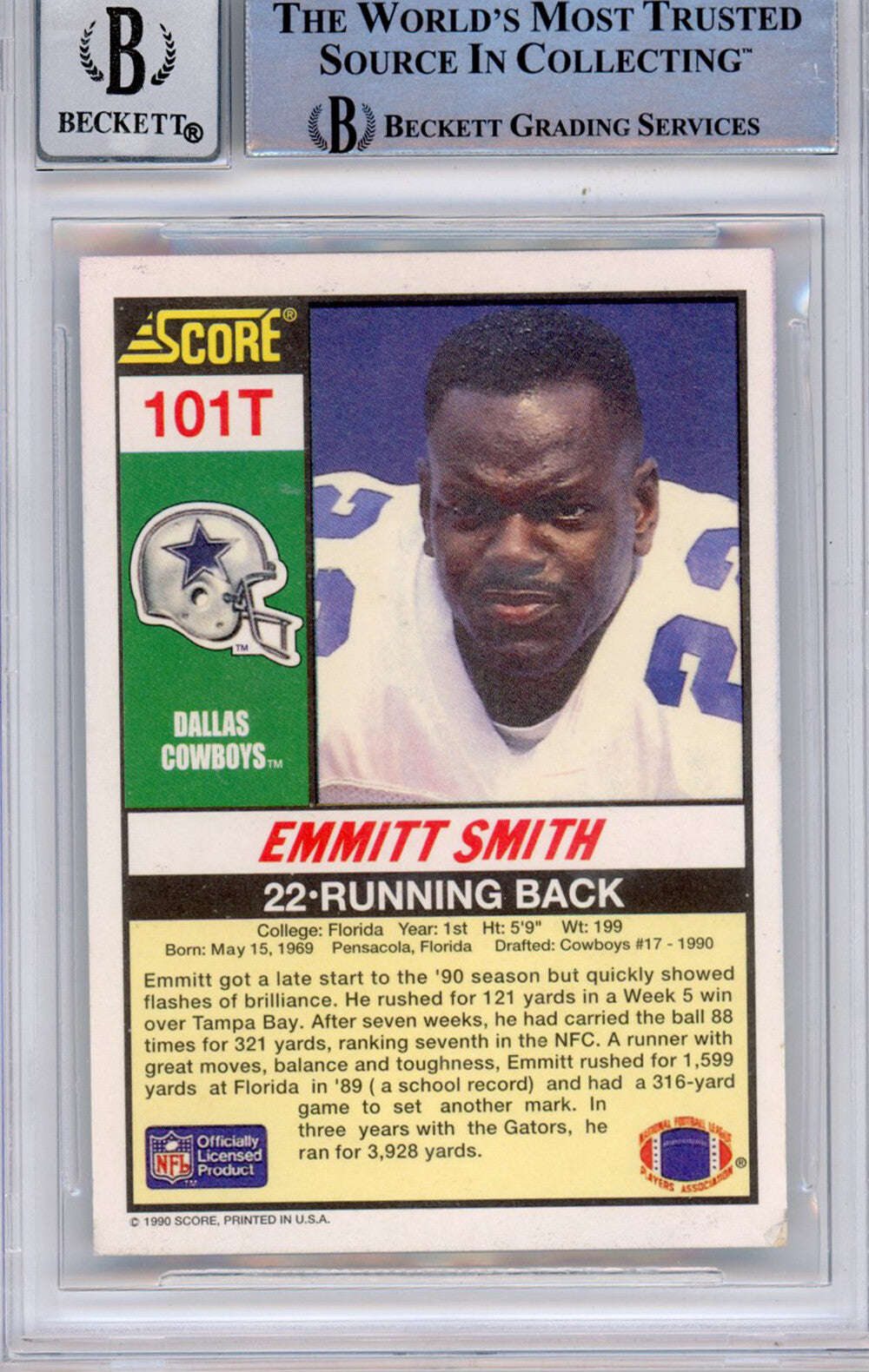 Emmitt Smith Signed 1990 Score Supplemental #101 Card BAS Grade 10